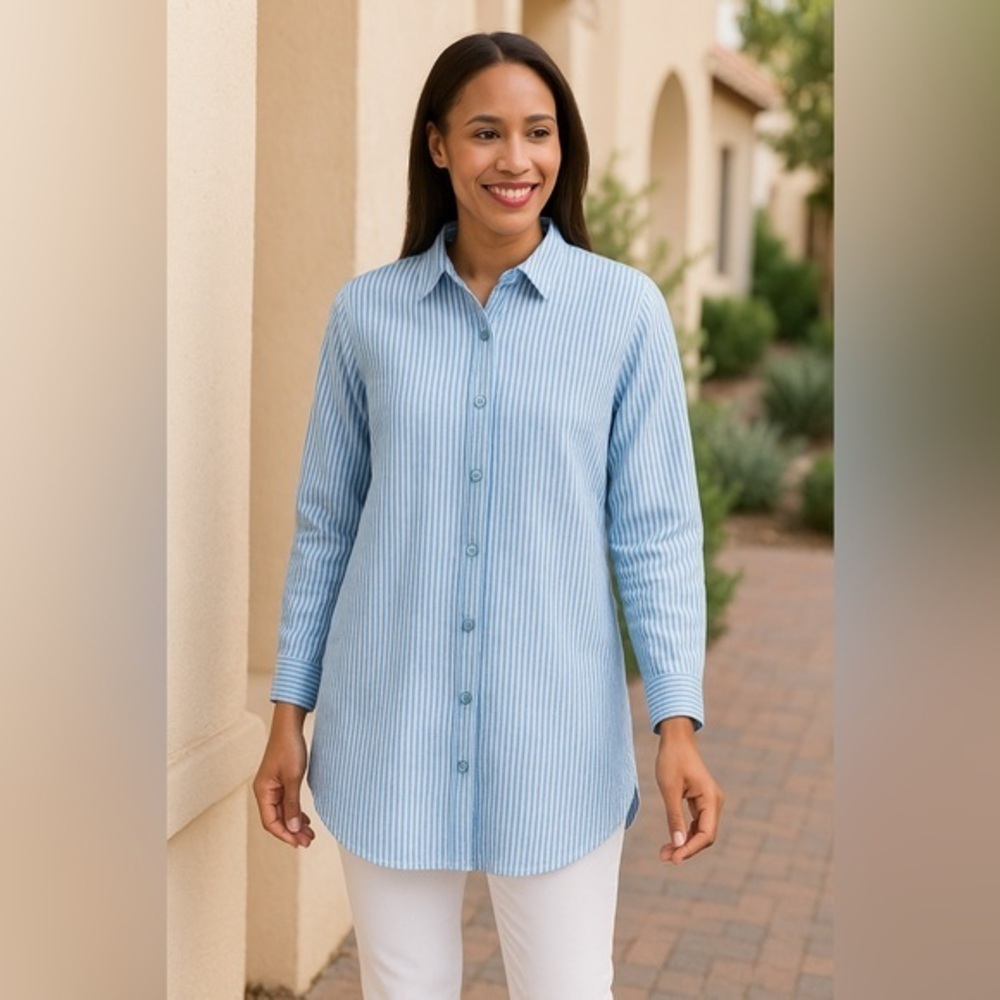 Blue & White Seersucker Striped Button-Front Tunic Shirt —Tunic Top NWOT L #2510